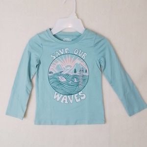 OshKosh Long Sleeve Cotton T-Shirt Girl's Size 4 in Green w/ Ocean Graphic‎